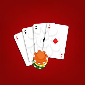 Playing cards and chips on a red background. Vector illustration .