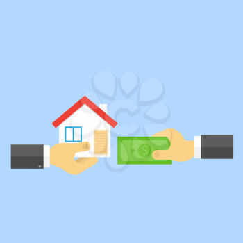 Hand with money and hand with house. Sale of real estate. Vector illustration .