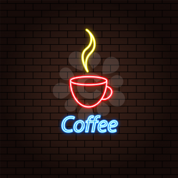 Coffee cup neon effect on a brick background. Vector illustration .