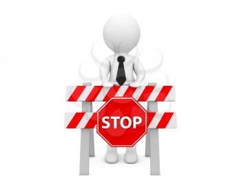 3d character with a construction barrier and a stop sign on a white background. 3d render illustration.