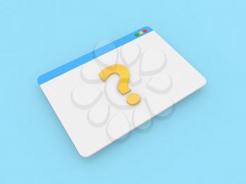 Internet browser page and question mark on a blue background. 3d render illustration.