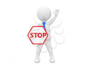 A man businessman stands with a stop sign and a raised hand to the top on a white background. 3d render illustration.