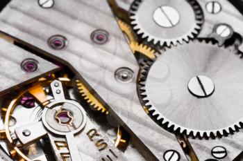 Clockwork Background. Close-up Of Old Clock Watch Mechanism With Gears