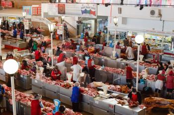 GOMEL, BELARUS - JAN 25: a meat market in Gomel, January 25, 2014. This is an example of existing food market in Belarus