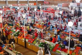 GOMEL, BELARUS - JAN 25: a food market in Gomel, January 25, 2014. This is an example of existing food market in Belarus