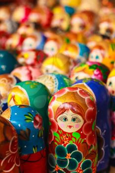 Colorful Russian Nesting Dolls Matreshka At The Market. Matrioshka Babushka Nesting Dolls Are The Most Popular Souvenirs From Russia.