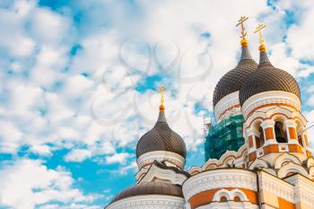 Domes Of Alexander Nevsky Cathedral On Sky Background. Orthodox Cathedral Church In The Tallinn Old Town, Estonia.