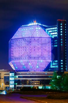 MINSK, BELARUS - JULY 19, 2014: Unique Building Of National Library Of Belarus In Minsk At Night Scene. Building Has 23 Floors And Is 72-metre High. Library can seat about 2,000 readers and features a