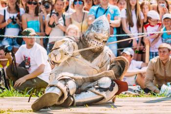 MINSK, BELARUS - JULY 19, 2014: Historical restoration of knightly fights on VI festival of medieval culture Our Grunwald, dedicated to 604 anniversary of Battle of Grunwald in Dudutki