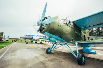 MINSK, BELARUS - JUN 04, 2014: Famous soviet plane paradropper Antonov An-2 Heritage of Flying Legends aircraft in Belarusian Aviation Museum (in Borovoe), June 04, 2014 in Minsk, Belarus
