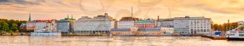 Panorama Of Embankment In Helsinki At Summer Sunset Evening, Sunrise Morning, Finland. Town Quay, Famous Place