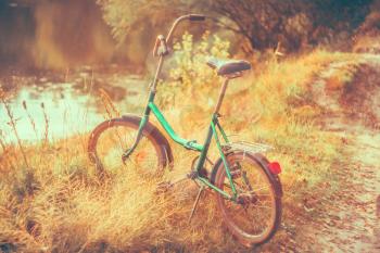 Little Green Bicycle Standing On Yellow Autumn Meadow, Park, Outdoor