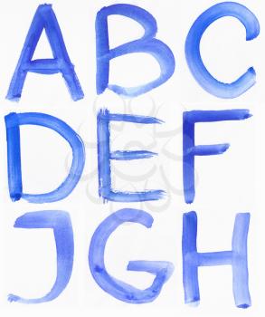 Handwritten Blue Watercolor ABC Alphabet / Painted Blue Watercolor Alphabet, Isolated. Letters A, B, C, D, E, F, J, G, H