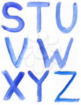Handwritten Blue Watercolor ABC Alphabet / Painted Blue Watercolor Alphabet, Isolated. Letters S, T, U, V, W, X, Y, Z