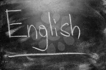 Learning Language - English. Blackboard Education Concept.  Handwritten Message On A School Chalkboard Writing English
