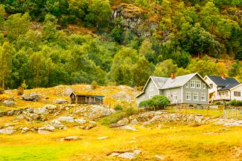 Norwegian Wooden House. Village In Mountains Norway