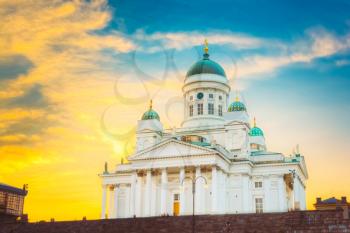 Helsinki Cathedral, Helsinki, Finland. Summer Sunset Evening With Dramatic Sky