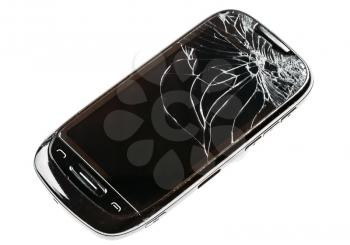 Black Mobile Smart Phone With Cracked Broken Screen Isolated Over White Background