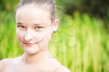 Portrait Of Face Young Beautiful Girl Woman On Green Outdoor Background Summer Nature