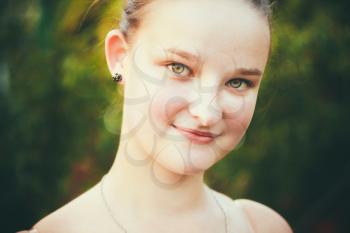 Close Up Portrait Of Face Young Beautiful Girl Woman On Green Outdoor Background Summer Nature