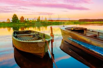 Autumn River And Old Green Rowing Boats. Russian Landscape, Nature