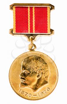Ussr Medal For Valiant Work In Honor Of The 100th Anniversary Of Of Vladimir Lenin Isolated On White Background
