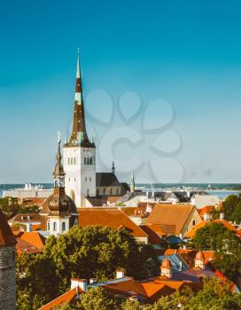 Scenic View Landscape Old City Town Tallinn In Estonia. Toned Like Instant Photo