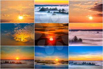 Sunrise and sunset. The Sun Shining Over Low Cloud. Set, Collage