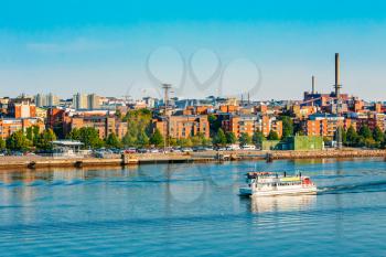 Touristic Pleasure Boat Near Harbour Of Helsinki, Finland. Summer Day, Clear Blue Sky