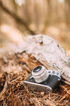 35mm Vintage Old Retro Small-Format Rangefinder Camera On Old Fallen Wood Tree In Forest.