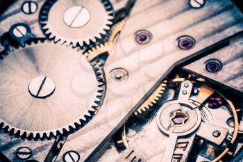 Clockwork Background. Close-up Of Old Clock Watch Mechanism With Gears