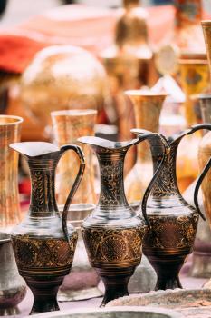 Tbilisi, Georgia. Close View Of Eastern Jugs In Shop Flea Market Of Antiques Old Retro Vintage Things On Dry Bridge In Tbilisi.