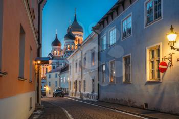 Tallinn, Estonia. Evening Or Night View Of Alexander Nevsky Cathedral From Piiskopi Street. Orthodox Cathedral Is Tallinn's Largest And Grandest Orthodox Cupola Cathedral.