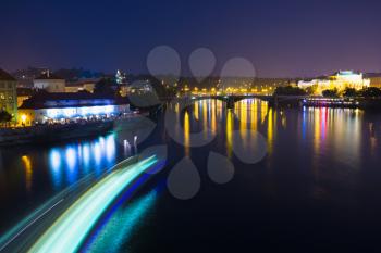 Night View Of Vltava River And Manes Bridge in Prague, Czech Republic.
