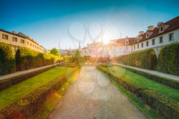 Walkway in the Wallenstein Garden in Prague, Czech Republic. Sunset time, Summer season