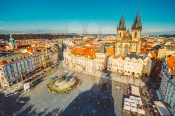 Famous scene, cityscape of Prague, Czech Republic. Towers of Church Of Our Lady Before Tyn In Old Town Square.