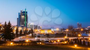 Business Center Of Minsk At Night Scene Street. Buildings, Downtown In Town Centre, Belarussian Capital, Belarus