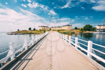Bridge At Suomenlinna Fortress In Helsinki, Finland. Sunny Day With Blue Sky