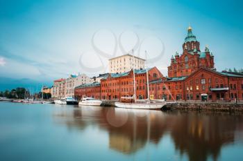 Embankment In Helsinki At Summer Evening, Finland. Uspenski Cathedral. Town Quay, Famous Place