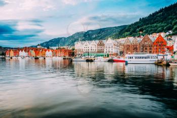 View Of Historical Architecture, Buildings, Bryggen In Bergen, Norway. UNESCO World Heritage Site