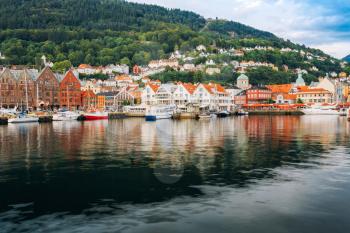 View of historical architecture, buildings, Bryggen in Bergen, Norway. UNESCO World Heritage Site