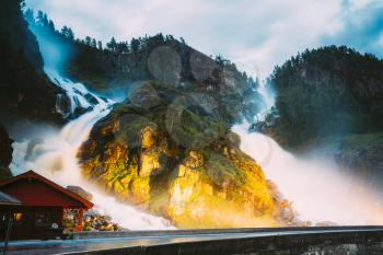 Beautiful Famous Waterfall Latefoss Or Latefossen Waterfall In Norway. Amazing Norwegian Nature Landscape.