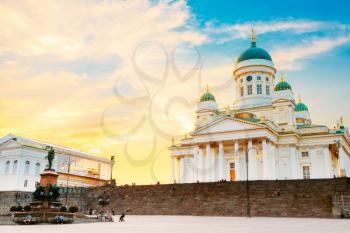 Helsinki, Finland. Famous Landmark In Finnish Capital - Senate Square With Lutheran Cathedral And Monument To Russian Emperor Alexander II At Summer Sunset Or Sunrise