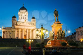 Helsinki, Finland. Famous Landmark In Finnish Capital - Senate Square With Lutheran Cathedral And Monument To Russian Emperor Alexander II At Summer Night