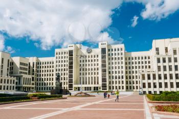 White Government Parliament Building - National Assembly of Belarus on Independence Square in Minsk, Belarus
