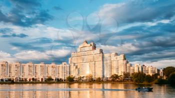 White Building In Old Part Minsk, Downtown Nyamiha, Nemiga View With Svisloch River, Belarus