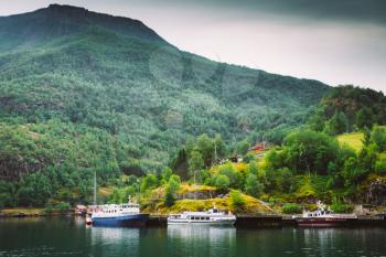 Docks in small tourist town of Flam on western side of Norway deep in fjords