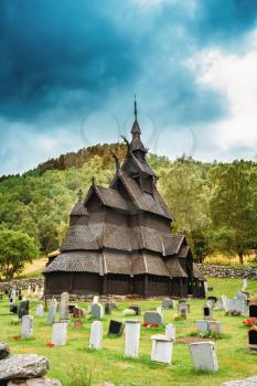 Borgund, Norway. Famous Landmark Stavkirke An Old Wooden Triple Nave Stave Church In Summer Day