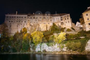 Night view to castle in Cesky Krumlov, Czech republic. UNESCO World Heritage Site