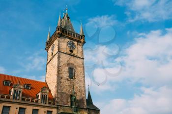 Tower of town hall with astronomical clock, or Prague orloj in Prague, Czech Republic